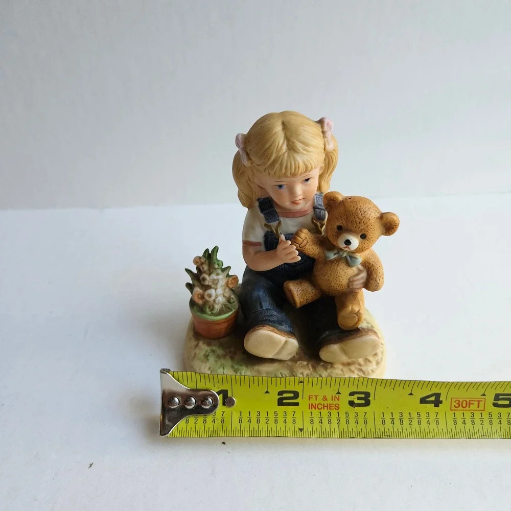 Vintage Homco Denim Days Figurine 1504 Girl with Teddy Bear and Flower Pot 1985